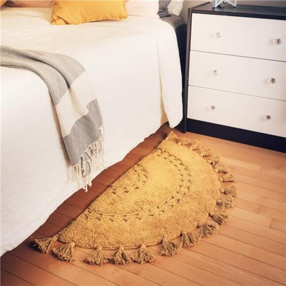 Half Circle Boho Rug with Tassels for Your Bathroom - Beautifully Handcrafted - Picture 2 of 7